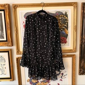 H&M divided black and white star print bell sleeve witchy dress